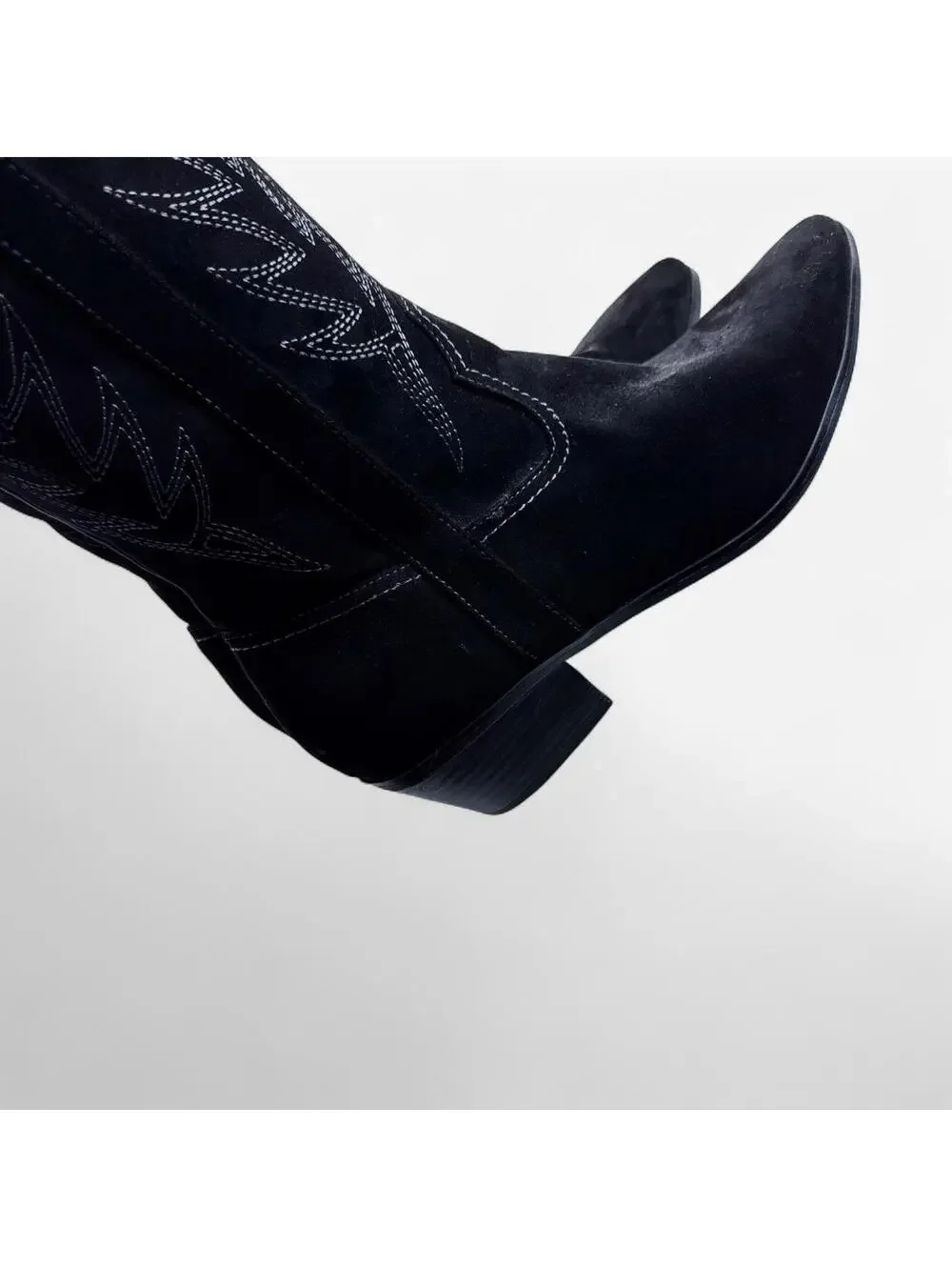 Black Faux Suede Embroidered Tall Cowboy Boots in Black